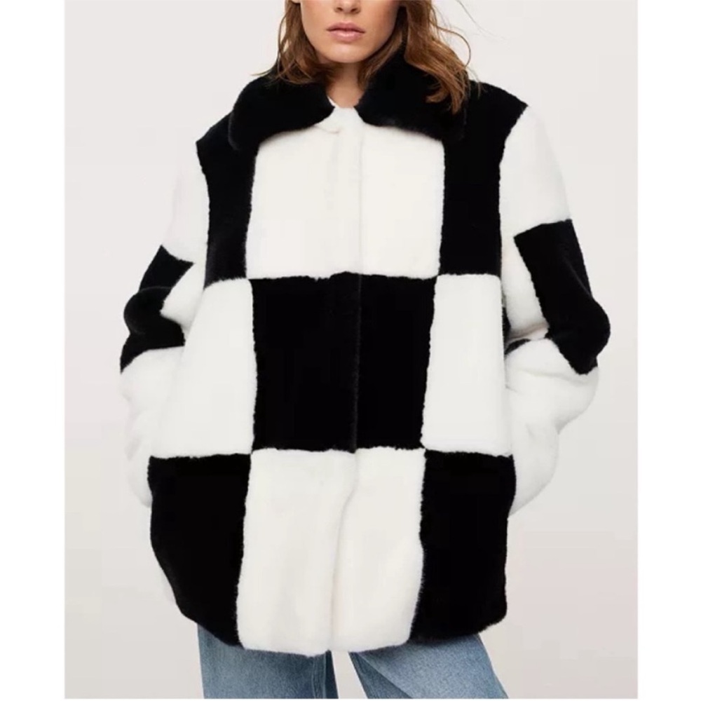 MANGO BLOGGER Black & White Checked Plush Faux Fur Coat Checkered Jacket Coat - Picture 17 of 17